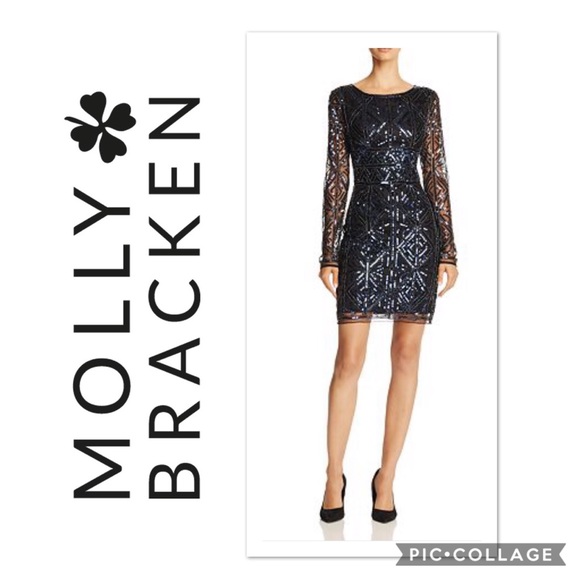 MOLLY BRACKEN SHEER LONG SLEEVE SEQUIN MINI DRESS - Picture 1 of 7